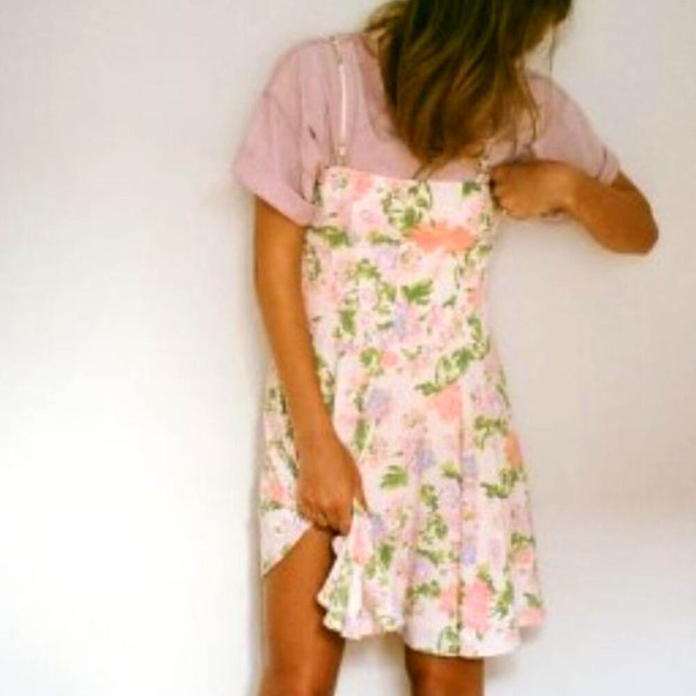 NEW Zara Blush Pink & Lilac Purple Floral Spaghetti Strap Mini Dress Size XL